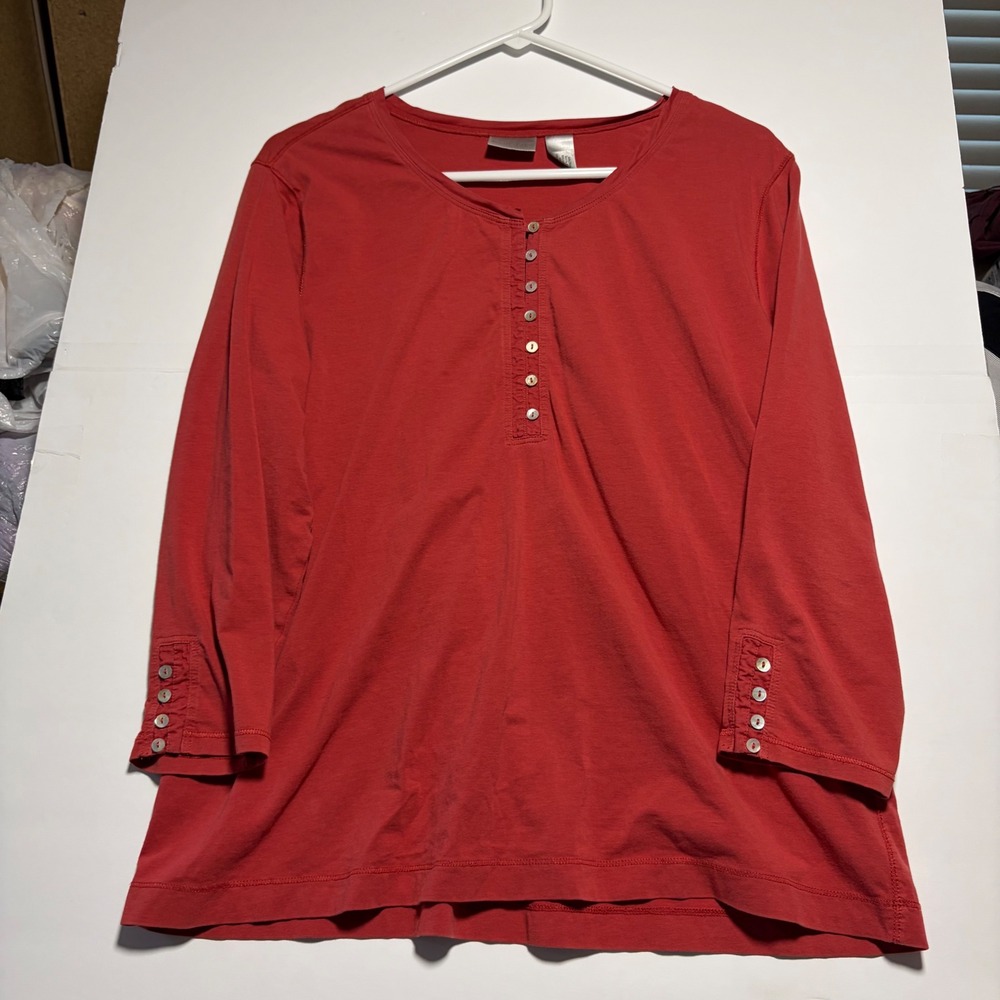 Chicos Red Henley Top‎ Womens Size 3 Pima Cotton Blend 3/4 Sleeve Shirt